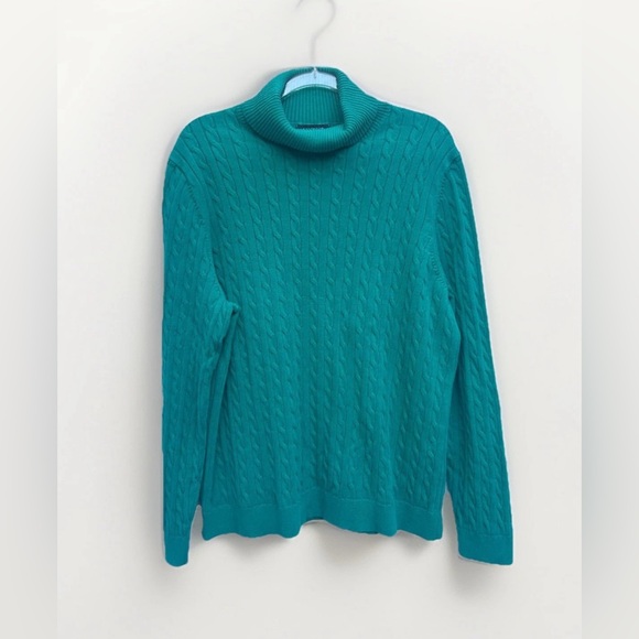 Lands End Sweater Women XL Cable Knit Turtleneck Kelly Green Fisherman Chunky - Picture 1 of 10
